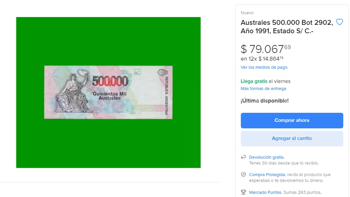 Pagan 80 mil pesos al suertudo propietario de este billete de 500000 australes