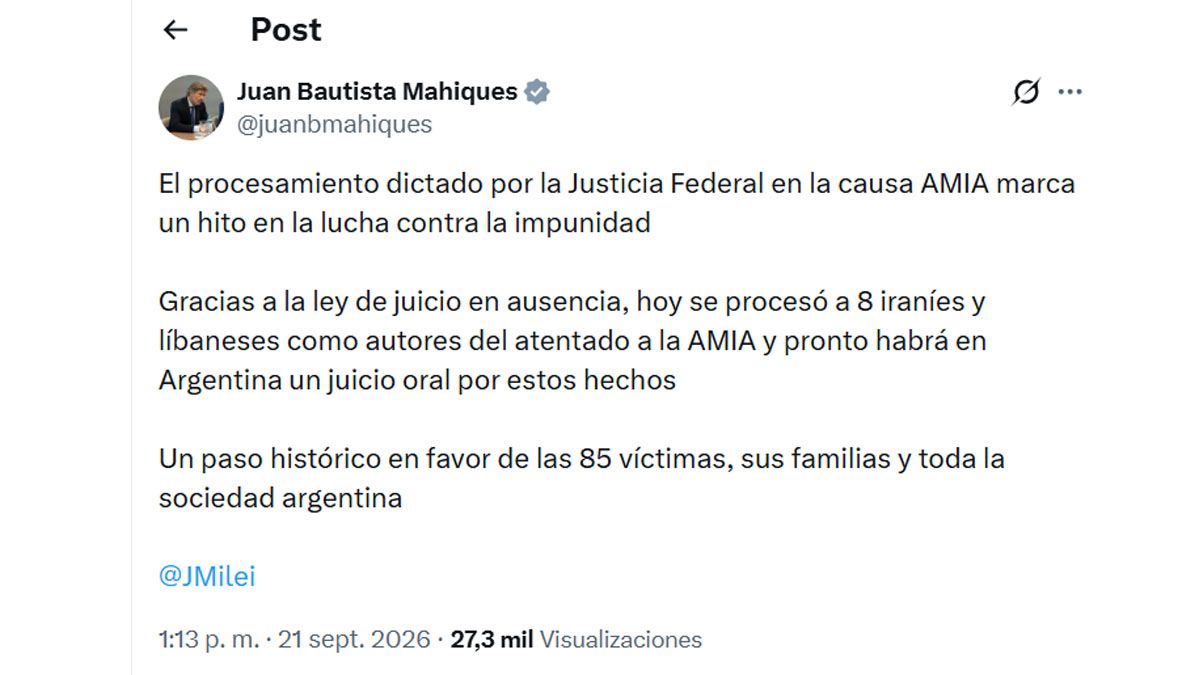 El posteo del ministro de Justicia, en apoyo de la medida del juez Rafecas. (Foto: Cuenta del ministro Mahiques en 
