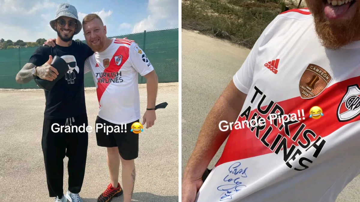 En las redes sociales también recordaron la foto de Benedetto con el hincha de River que se hizo firmar la camiseta alusiva a la final en Madrid (Foto: Out of context Boca).