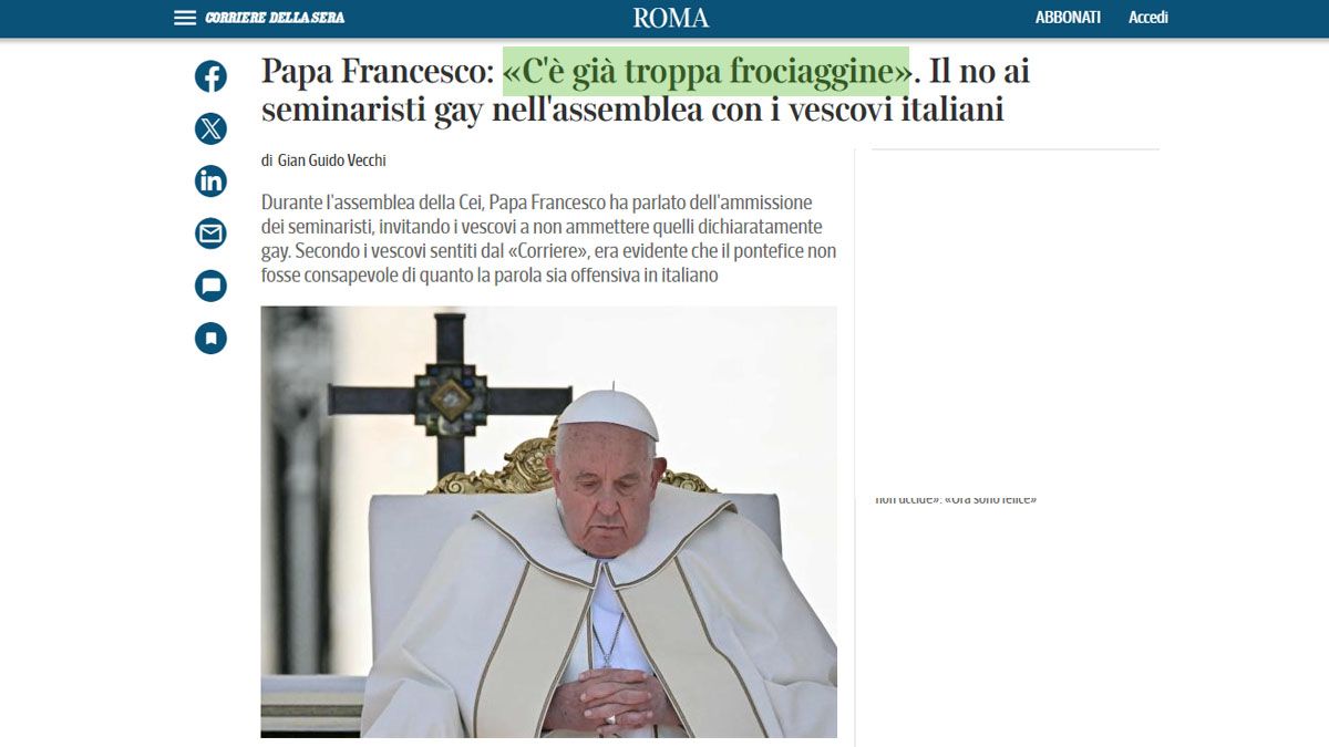 La frase del papa sobre la homosexualidad en los candidatos para ingresar en los seminarios. (foto: Corriere della Sera)