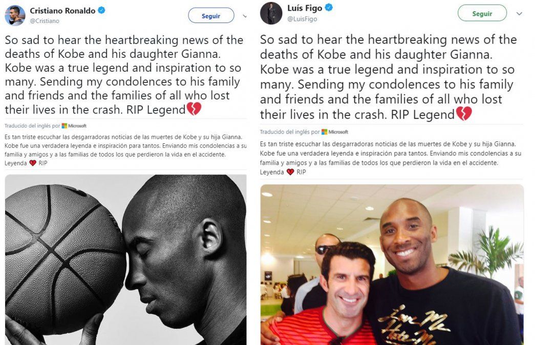 Insólito: Cristiano Ronaldo y Luis Figo publicaron exactamente el mismo mensaje tras la muerte de Kobe Bryant