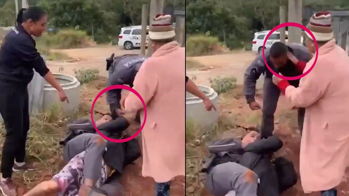 La anciana de 80 años reacciona cuando ve cómo el policía le pega trompadas a su hijo que está en el suelo.(Foto: Captura de TV)