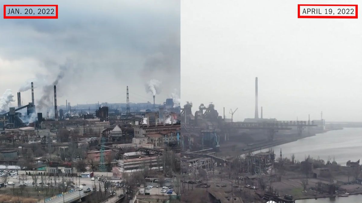 La acería de Azovostal en Mariupol. Pasó del pleno funcionamiento a la destruccion total en menos de dos meses por la guerra (Foto: Gentileza New York Times)