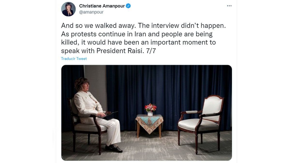 Por no usar velo, el presidente de Irán se retiró de una nota pautada con Christiane Amanpour de CNN (Foto: Cuenta oficial de Amanpour)