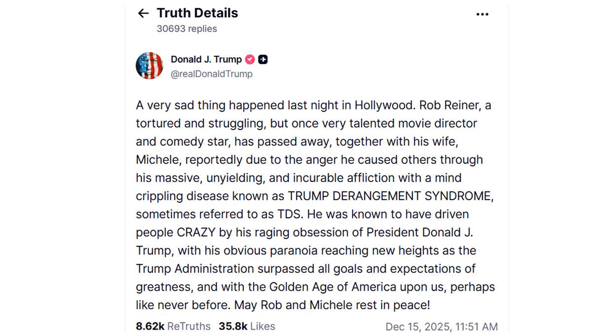 La carta de Trump por la muerte del director de cine Reiner. (Foto: cuenta de Donald TRump)
